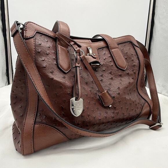 London Fog Amber Ostrich Embossed Vegan Leather Satchel Bag Brown Handbag - Picture 1 of 14